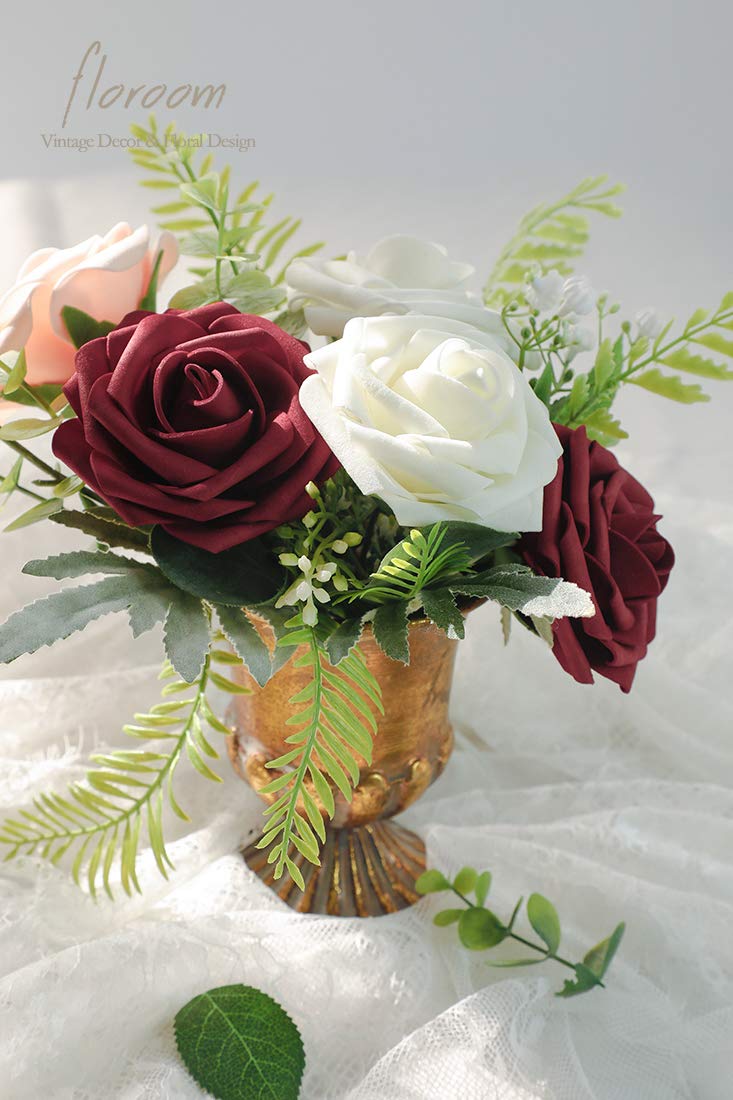 Floroom Artificial Flowers 25pcs Real Looking Burgundy Foam Fake Roses with Stems for DIY Wedding Bouquets Red Bridal Shower Centerpieces Party Decorations - Image 5